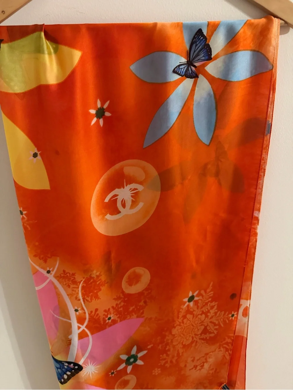 CHANEL Orange Floral & Butterfly Silk Scarf 69X33